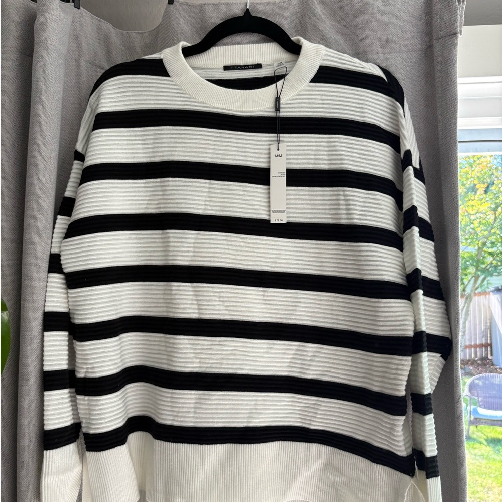Super soft Tahari Black and White Striped Crew Neck Sweater